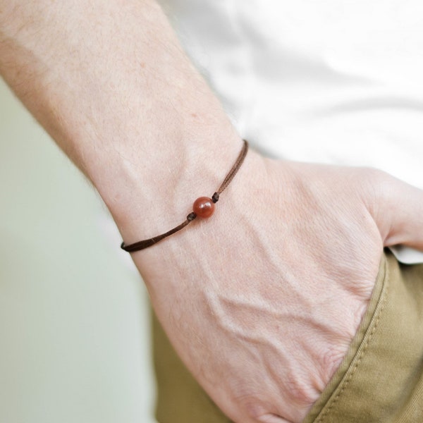 August birthstone bracelet for men, Sardonyx Agates bead, mens bracelet, brown bead stone, brown cord jewelry, Christmas gift for him