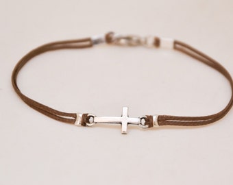 Cross bracelet for men, groomsmen gift, men's bracelet with a silver cross charm, brown string, gift for him, christian catholic jewelry
