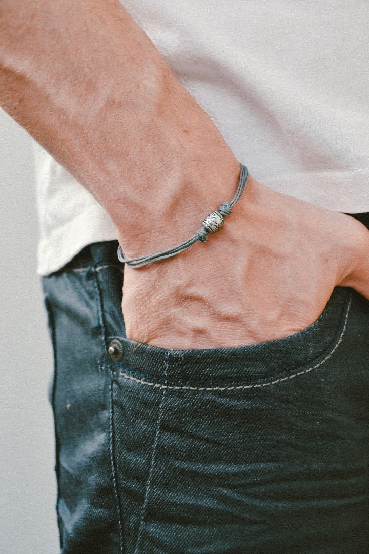 Grey cord bracelet men's bracelet with a silver tube | Etsy