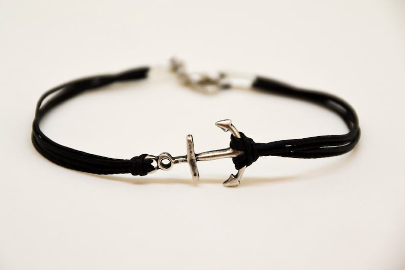 silver anchor charm bracelet for men black string