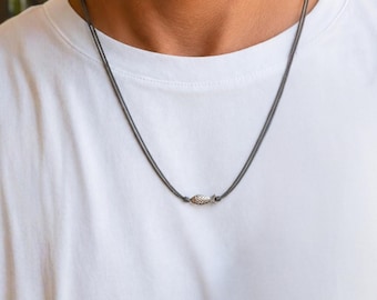 Fish necklace for men silver tone fish bead pendant custom length and color string fishing gift for him ocean gray cord men's jewelry
