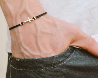 Cross bracelet for men, groomsmen gift, men's bracelet with a silver cross pendant, black cord, gift for him, christian catholic jewelry