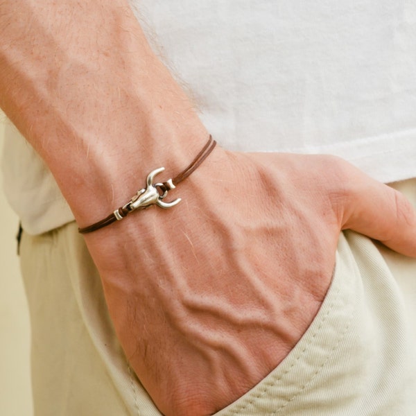 Bull head bracelet, men's bracelet, silver bull charm, brown bracelet for men, silver ox, gift for him, horns, cowboy bracelet, mens jewelry