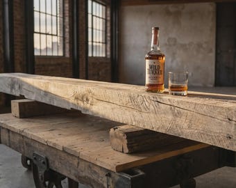 Könnte beinhalten: Eine Flasche Wild Turkey Bourbon und ein Whiskeyglas mit bernsteinfarbener Flüssigkeit stehen auf einem verwitterten Holzbalken. Der Balken ruht auf einem rustikalen Holzwagen mit Metallbeschlägen, vor einer Backstein- und Fensterkulisse.