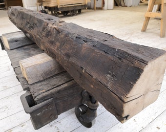 6" x 6" x 71" Reclaimed Hand Hewn Oak Wood Fireplace Mantel, Shelf, Farmhouse, Mantle, Barnbeam (#159)