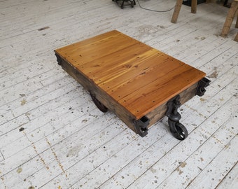 Restored Antique Factory Cart Coffee Table Decoration Lineberry Vintage Railroad Old Growth Heart Pine