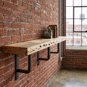 May include: A natural edge wooden shelf mounted on the wall with three dark metal brackets. The shelf features a light brown wood grain with visible knots and texture. A glass geometric terrarium containing a small green plant sits on the shelf.