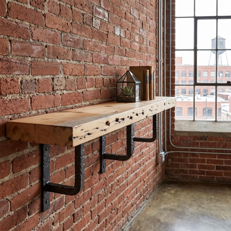May include: A natural edge wooden shelf mounted on the wall with three dark metal brackets. The shelf features a light brown wood grain with visible knots and texture. A glass geometric terrarium containing a small green plant sits on the shelf.