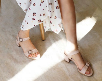 Pink Leather Heeled Sandals, Pink Leather Shoes,  Block Heel Sandals, Chrissy // Free Shipping
