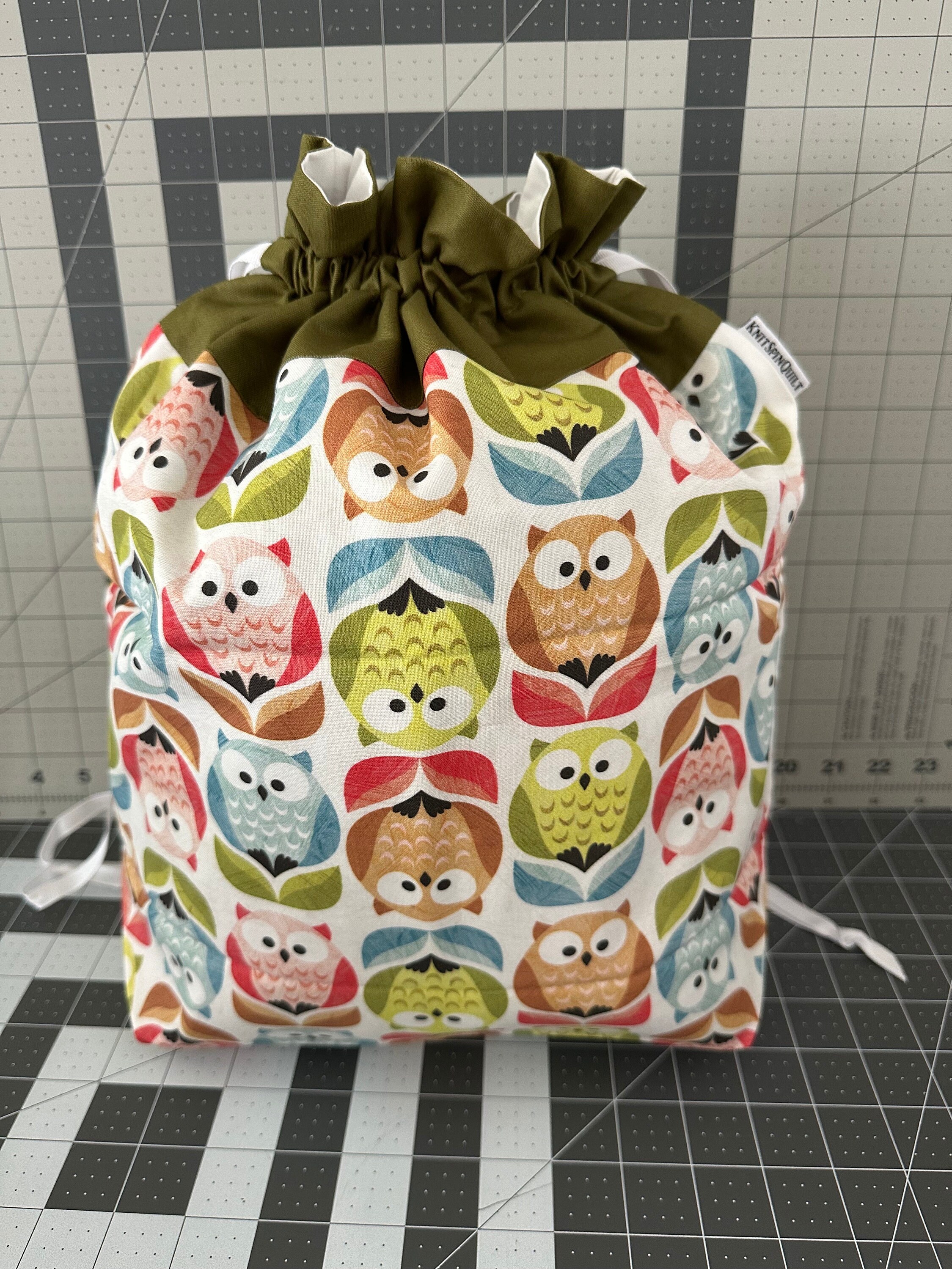 Owls in tulips — tessellated bird and flower print — XL / Sweater Size Drawstring Knitti
