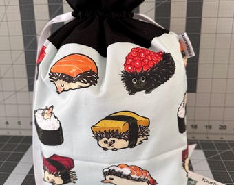 Sushi and sashimi hedgehog print -- large (shawl) fully-lined cotton drawstring knitting project bag