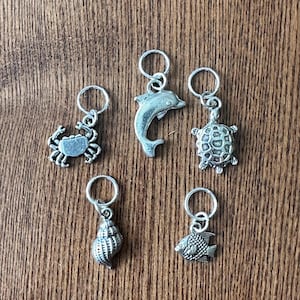 SEA CREATURE themed knitting stitch markers - silver tone charms - knitting or crochet stitchmarkers - set of 5