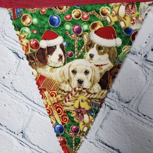 Christmas puppies decoration, fabric banner, Xmas bunting, photo prop, mantel decoration, holiday garland, dogs, Santa hats, XM-010, 010b