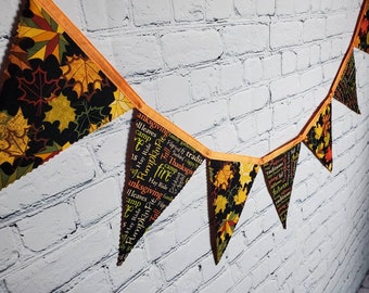 Fall Leaves and Words Fabric Banner, Yellow, Red and Orange Leaves, Autumn Words, Thanksgiving Garland Decoration, Fall Bunting, TG-003