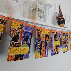 Halloween Decoration Banner, Black Cats, Pumpkins, Jack O'Lanterns, Fabric Bunting Garland, Holiday Mantel Swag, Photo Prop image 1