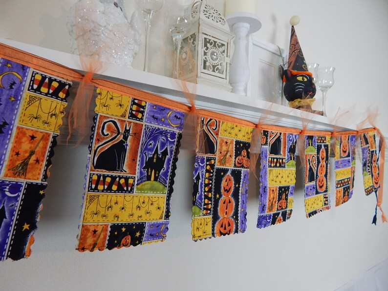 Halloween Decoration Banner, Black Cats, Pumpkins, Jack O'Lanterns, Fabric Bunting Garland, Holiday Mantel Swag, Photo Prop image 1