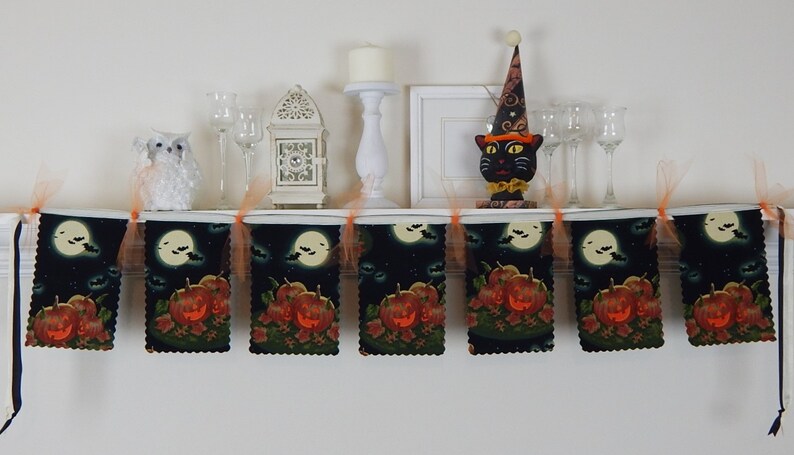 Halloween Banner Decoration, Jack O'Lanterns, Fabric Bunting Garland, Holiday Mantel Swag, Photo Prop, Office Decor image 4