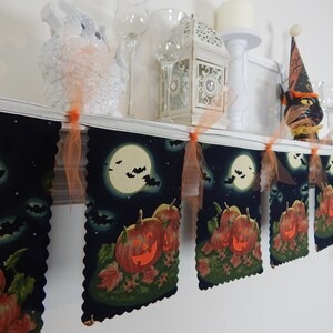 Halloween Banner Decoration, Jack O'Lanterns, Fabric Bunting Garland, Holiday Mantel Swag, Photo Prop, Office Decor image 1