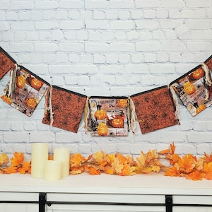 Halloween Decoration, Vintage Style Jack-O-Lanterns and Ghosts Fabric Banner Bunting, Orange and Black Party Pennants, Mantel Swag