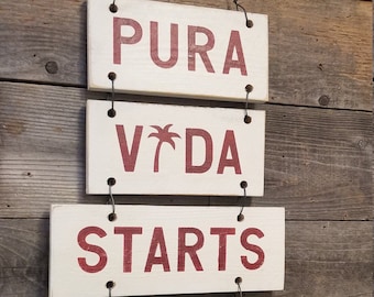 Pura Vida Starts Here Hanging Wood Sign - Pura Vida Costa Rica Sign Decor - Weathered Signs