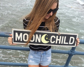 Moon Child Wood Sign – Boho Dorm Wall Art – Rustic Celestial Decor by Official Brandy Melville Sign Maker Weathered Signs