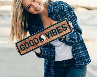 Good Vibes Yin Yang Wood Sign – Hand Painted Boho Wall Art – Retro Spiritual Decor by Weathered Signs