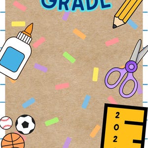 May include: A vertical classroom banner with a brown paper background featuring the text "WELCOME TO 3rd GRADE". Illustrations include yellow pencils, a laptop, music notes, glue, purple scissors, sports balls, notebooks, and a yellow ruler.