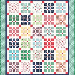 May include: A rectangular quilt featuring a grid of multi-colored fabric squares in shades of red, blue, green, yellow, and white. Each square block is separated by small red cornerstones and white sashing, framed by a dark blue and green border.