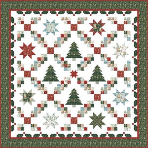 May include: A square quilt featuring a white background with a repeating pattern of green Christmas trees, red and multi-colored star blocks, and diagonal chains of small squares. The quilt is framed by a wide dark green border with a red trim.