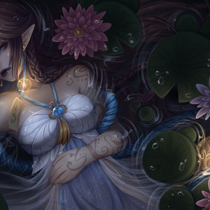 May include: A woman with long, dark hair and a white horn lies in a pool of water surrounded by lily pads. She wears a blue and white dress with a jeweled pendant. The water is clear and reflects light from above.
