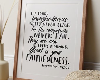 Grande es tu fidelidad - Versículo bíblico imprimible / Lamentaciones 3:22-23 / Escritura manuscrita / Decoración de pared moderna en blanco y negro
