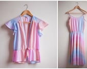 Sale!  1970s TWO PIECE Dress with Matching Jacket in Pastel Pink, Blue, Lilac and Peach UK8