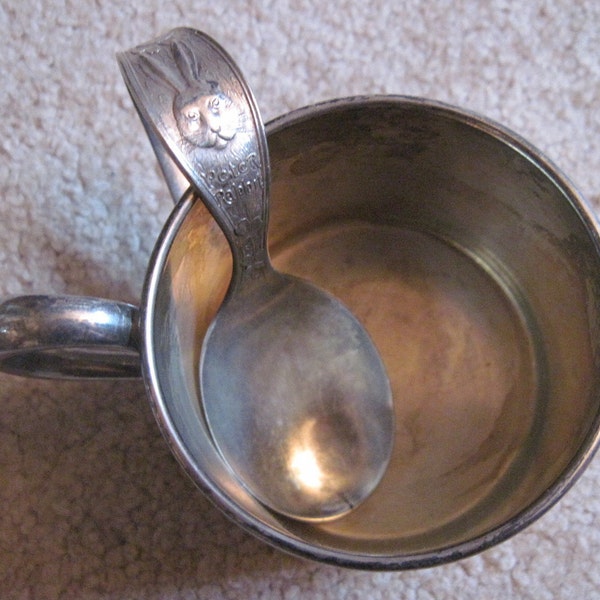 Vintage Lot of *2* pcs. Wm Rogers Bent or Curved Peter Rabbit Baby Spoon w/ Oneida Silversmiths Silverplate Cup or Mug