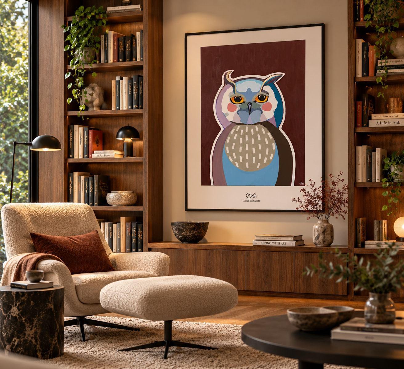 Owl Art Print – Owl with Orange Eyes on Dark Brown, Bird Wall Art, Giclée Fine Art Prin
