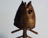 Brutalist Mid Century Hand Hammered Copper Fish Skeleton Sculptural Oil Lamp