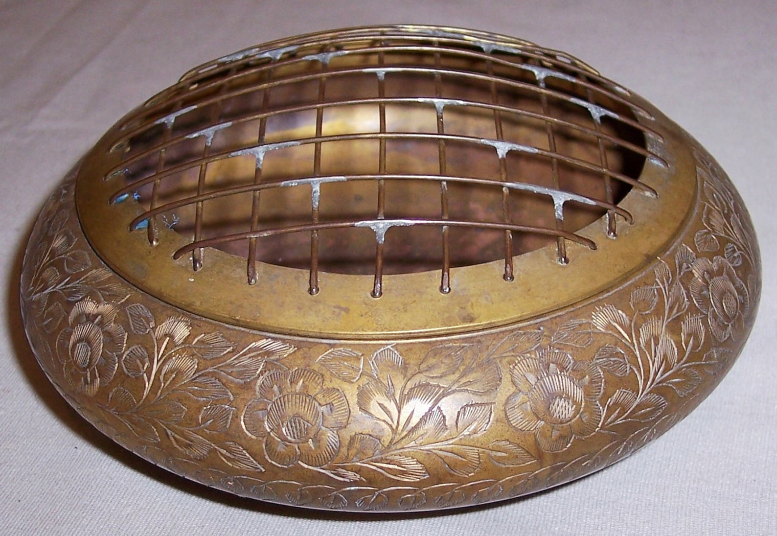 Vintage brass bowl flower frog lid ornate chased florals Etsy