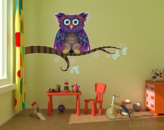 Colorful Owl on Branch kids room, nursery vinyl wall decal graphics 36"x22"