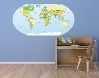 Political World Map Wall Decal Sticker World Country Atlas Vinyl Art 42"x22"