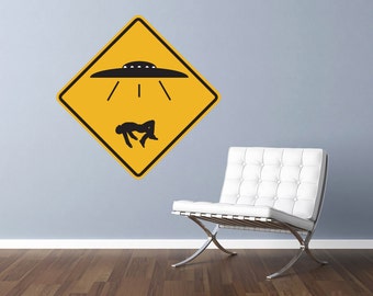 UFO Alien Abduction Traffic Sign Repositionable Wall Decal 12"x12" Home Decor