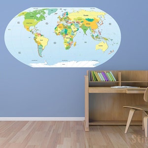 Political World Map Wall Decal Sticker World Country Atlas Vinyl Art 56"x29"