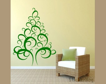 Swirly Christmas Pine Tree, Living Room, Family Room Vinyl Wall Decal Graphic 30"x22" Bedroom Home Decor