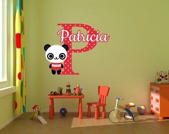 Polkadot Panda Name Monogram Nursery Room Vinyl Wall Decal Graphics Boys Girls Baby Bedroom Decor