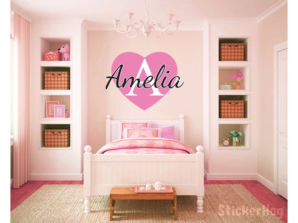 Girls Custom Heart Name Monogram 4 Wall Decal Graphic Vinyl