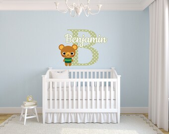 Polkadot Bear Name Monogram Nursery Room Vinyl Wall Decal Graphics Boys Girls Baby Bedroom Decor