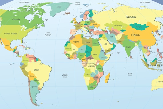 Political World Map Wall Decal Sticker World Country Atlas Vinyl Art ...