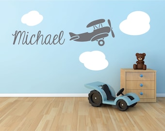 Biplane Airplane Monogram Name Vinyl Wall Decal Graphics 40"x17" Boys Bedroom Nursery Decor