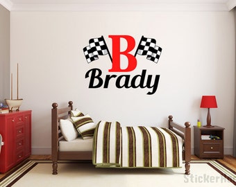Boys Name Checkered Flag Racing Monogram Wall Decal #2 Nursery Room Vinyl Wall Graphics Bedroom Decor