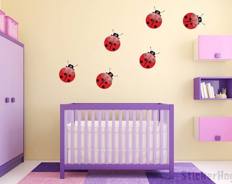 Ladybugs Wall Vinyl Decal Set of 6 Girls Nursery Room Wall Graphics 6"x6" Bedroom Decor