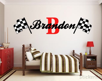 Boys Name Racing Monogram Wall Decal Nursery Room Vinyl Wall Graphics 22" Tall Bedroom Decor