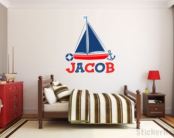 Nautical Sailboat Monogram Name Wall Decal Vinyl Boys Room Sticker 33"x29" Home Decor